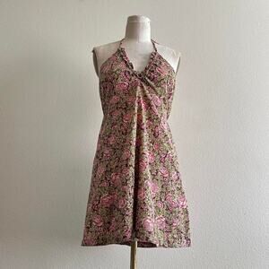 handmade burgundy pink floral print halter mini dress